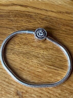 Pandora Silver Tone Snake Chain Bracelet with CZ Halo Clasp new no box